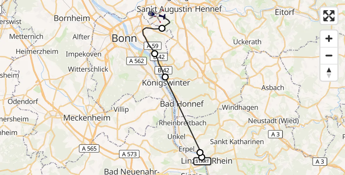 Flugroute Polizeihubschrauber Remagen - Sankt Augustin, 17 August 2026, 13:30