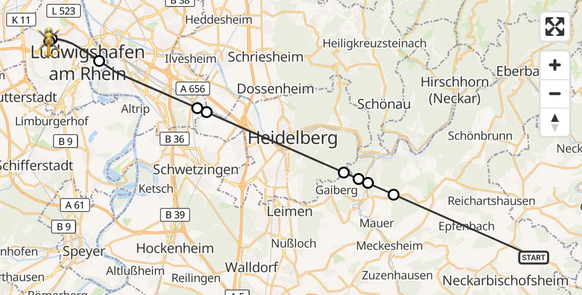 Flugroute Rettungshubschrauber Helmstadt-Bargen - Ludwigshafen Accident Hospital, 17 August 2026, 13:31