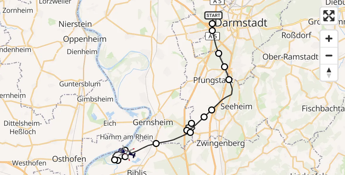 Flugroute Polizeihubschrauber Weiterstadt - Groß-Rohrheim, 17 August 2026, 13:35