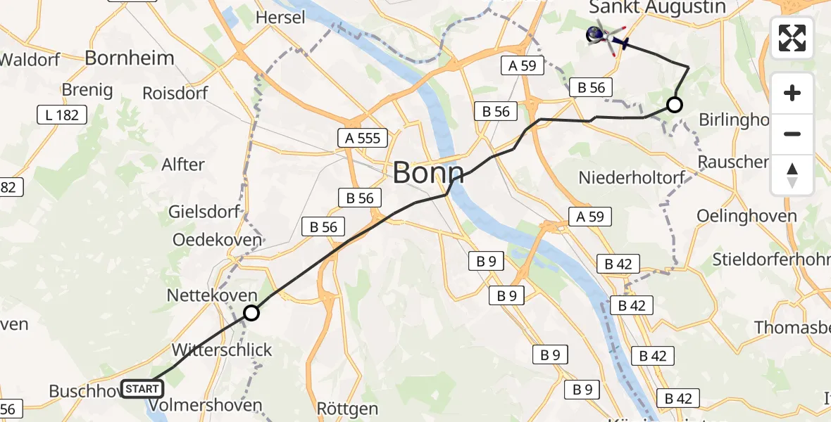 Flugroute Polizeihubschrauber Alfter - Sankt Augustin, 17 August 2026, 13:35