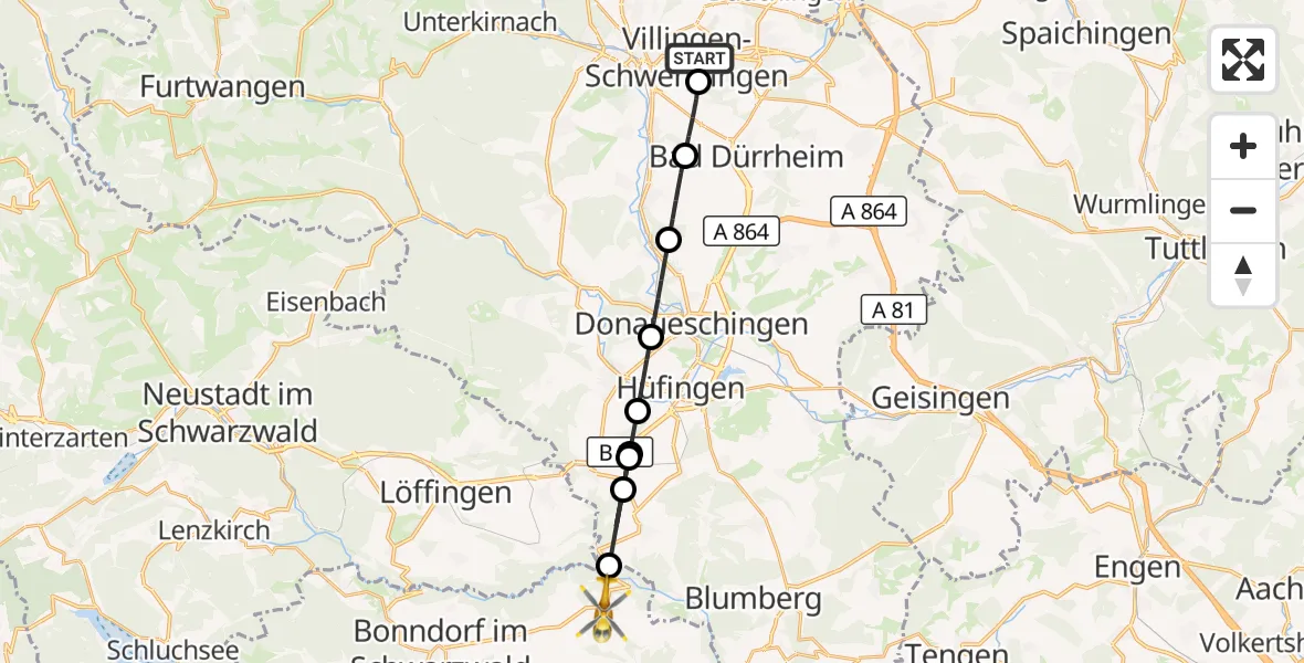 Flugroute Ambulanzhubschrauber DRF Air Rescue Station Villingen-Schwenningen Hubschrauberlandeplatz (Christoph 11) - Wutach, 17 August 2026, 13:35