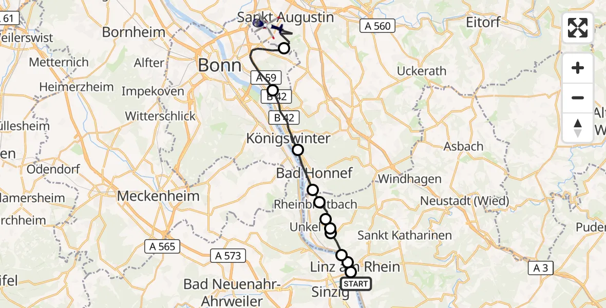 Flugroute Polizeihubschrauber Leubsdorf - Bonn-Hangelar Flugplatz, 17 August 2026, 13:37