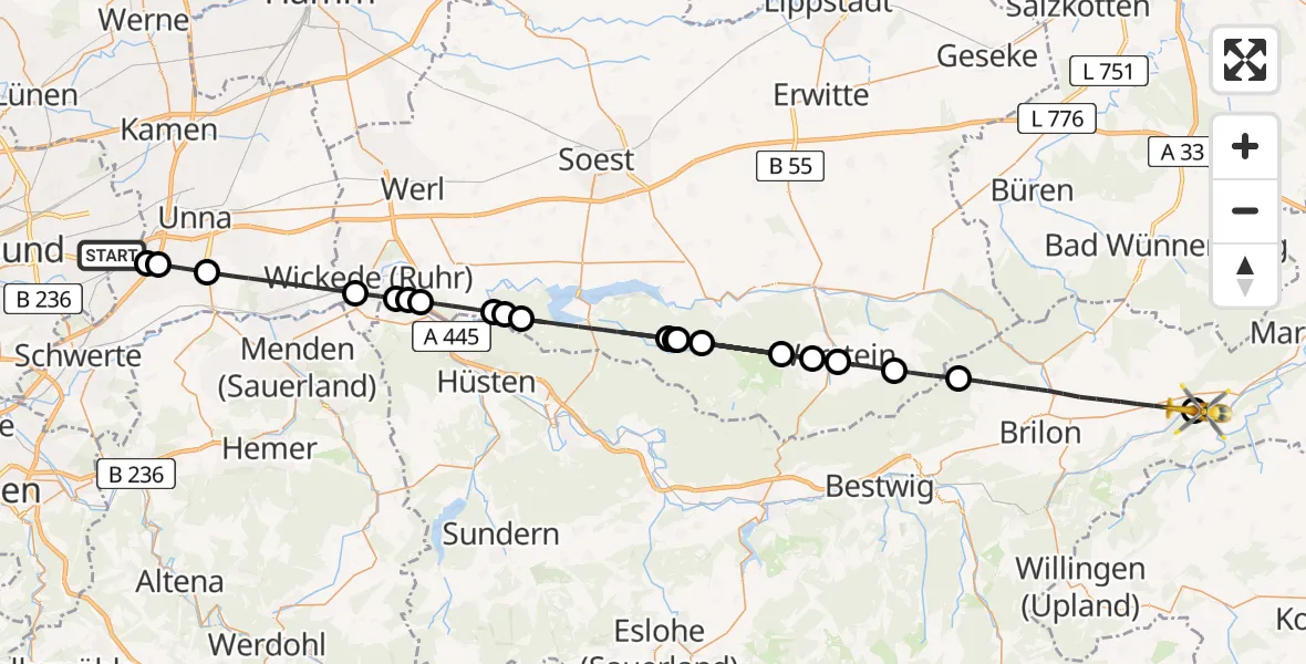 Flugroute Rettungshubschrauber Dortmund Flughafen - Marsberg, 17 August 2026, 13:45