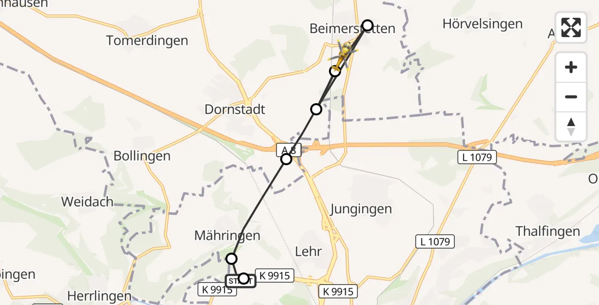 Flugroute Rettungshubschrauber Ulm Military Hospital Emergency - Beimerstetten, 17 August 2026, 13:57
