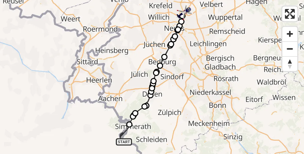 Flugroute Polizeihubschrauber Monschau - Düsseldorf Flughafen, 17 August 2026, 14:01