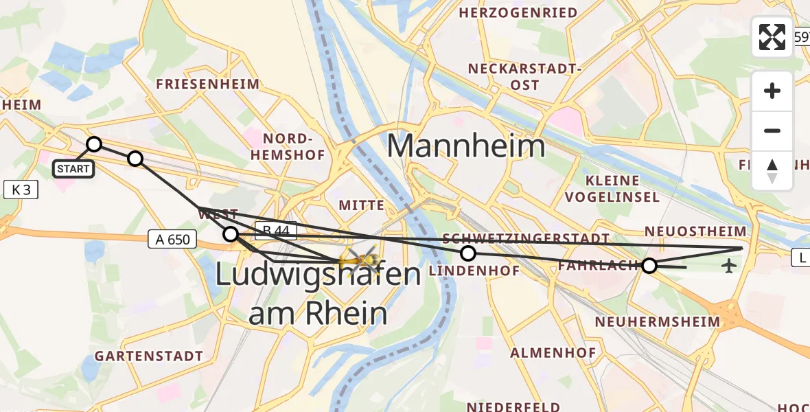 Flugroute Rettungshubschrauber Ludwigshafen Accident Hospital - Ludwigshafen am Rhein, 17 August 2026, 14:05