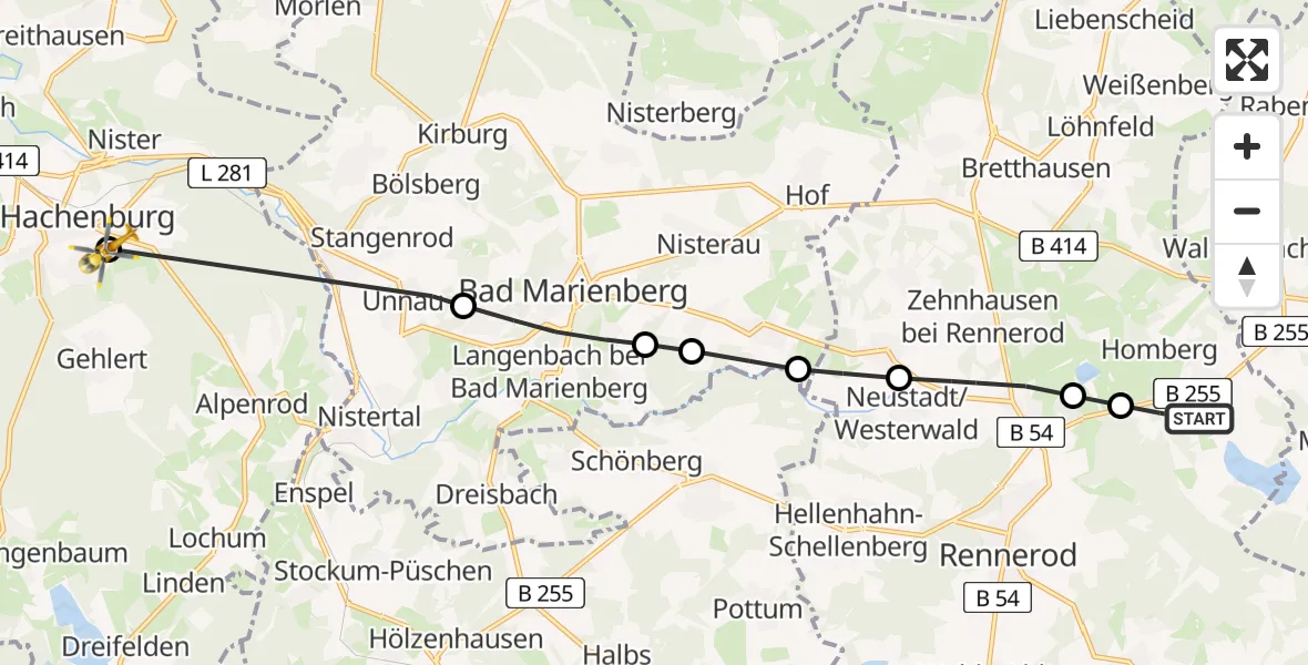 Flugroute Rettungshubschrauber Rehe - Hachenburg, 17 August 2026, 14:09