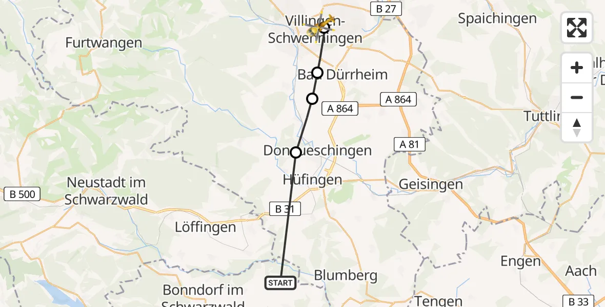 Flugroute Ambulanzhubschrauber Wutach - DRF Air Rescue Station Villingen-Schwenningen Hubschrauberlandeplatz (Christoph 11), 17 August 2026, 14:12