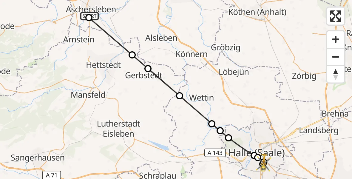Flugroute Rettungshubschrauber AMEOS Hospital Aschersleben - Halle (Saale), 17 August 2026, 14:13