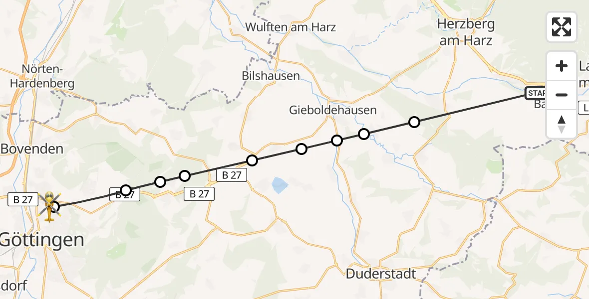 Flugroute Rettungshubschrauber Bad Lauterberg im Harz - Göttingen University Clinic Hubschrauberlandeplatz, 17 August 2026, 14:14