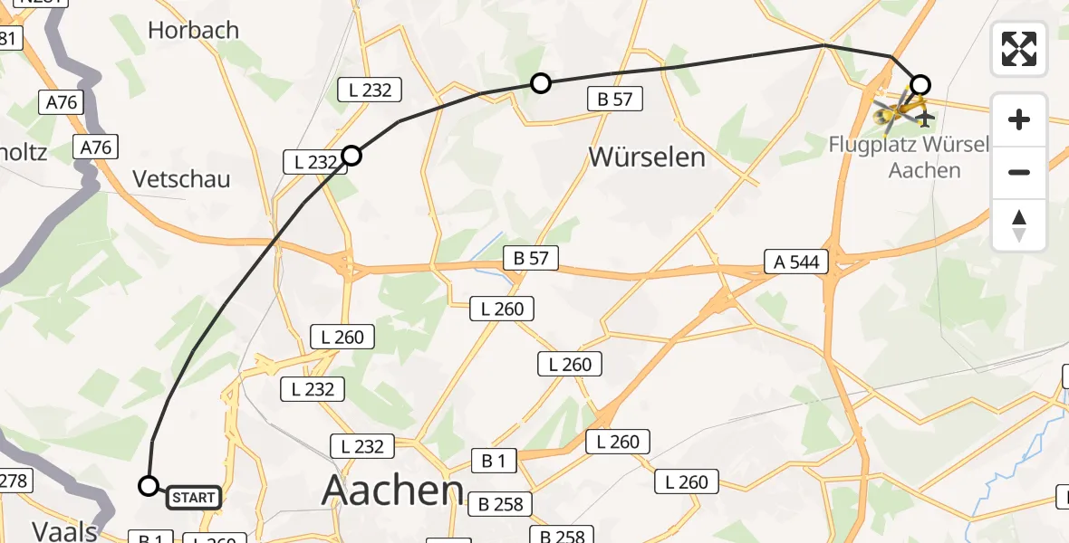 Flugroute Rettungshubschrauber Aachen Hospital - Aachen-Merzbrück Flughafen, 17 August 2026, 14:17
