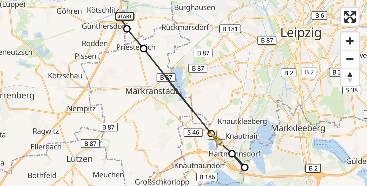 Flugroute Rettungshubschrauber ADAC Air Rescue Station Leipzig/Schkeuditz-Dölzig Hubschrauberlandeplatz (Christoph 61) - Leipzig, 17 August 2026, 14:19