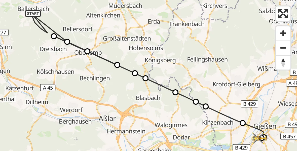 Flugroute Rettungshubschrauber Mittenaar - Gießen University Hospital, 17 August 2026, 14:20