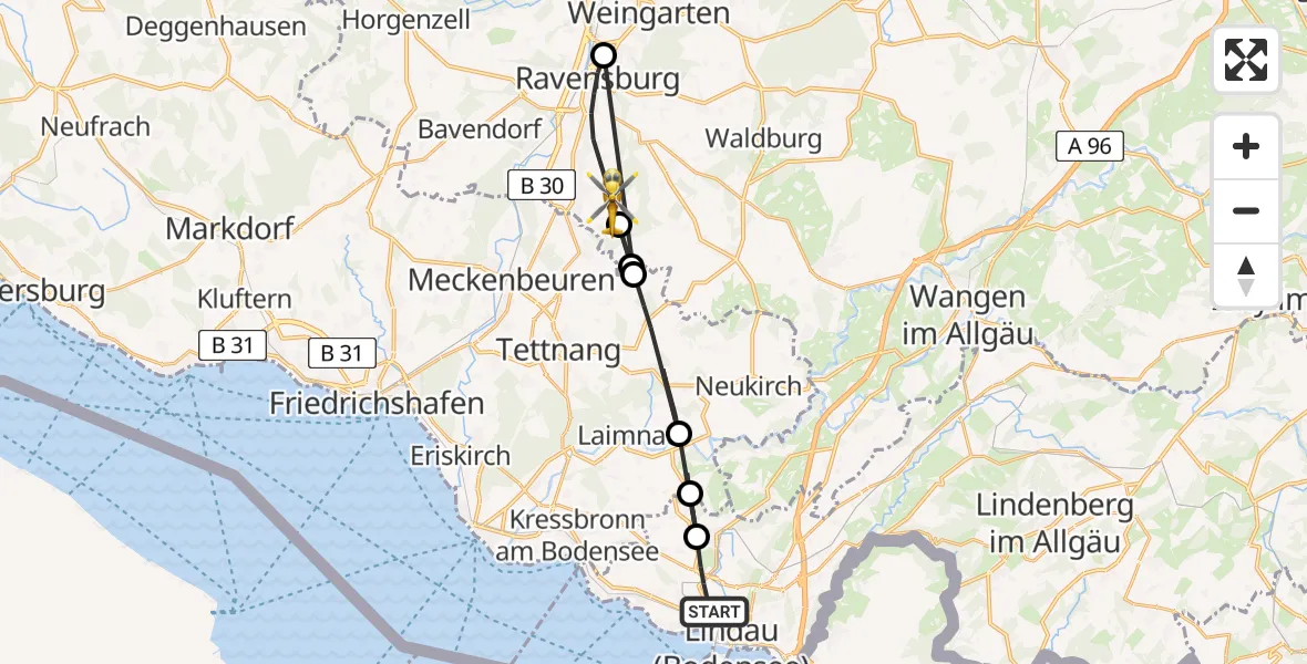 Flugroute Rettungshubschrauber Lindau (Bodensee) - Ravensburg, 17 August 2026, 14:20