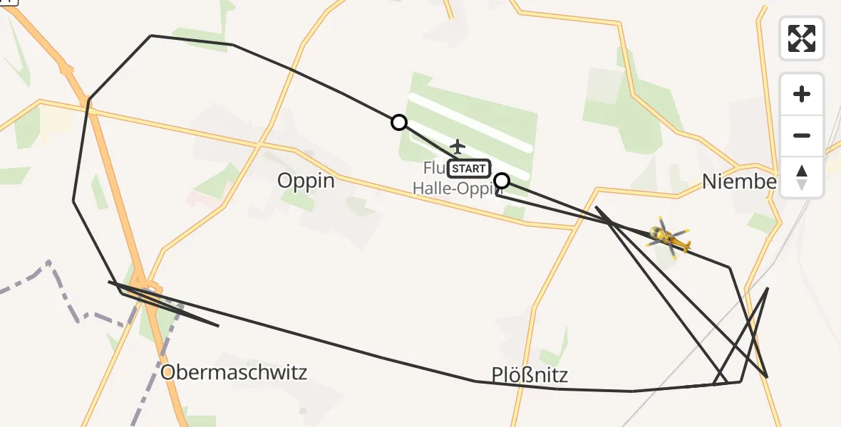 Flugroute Rettungshubschrauber Halle-Oppin Flugplatz - Landsberg, 17 August 2026, 14:26