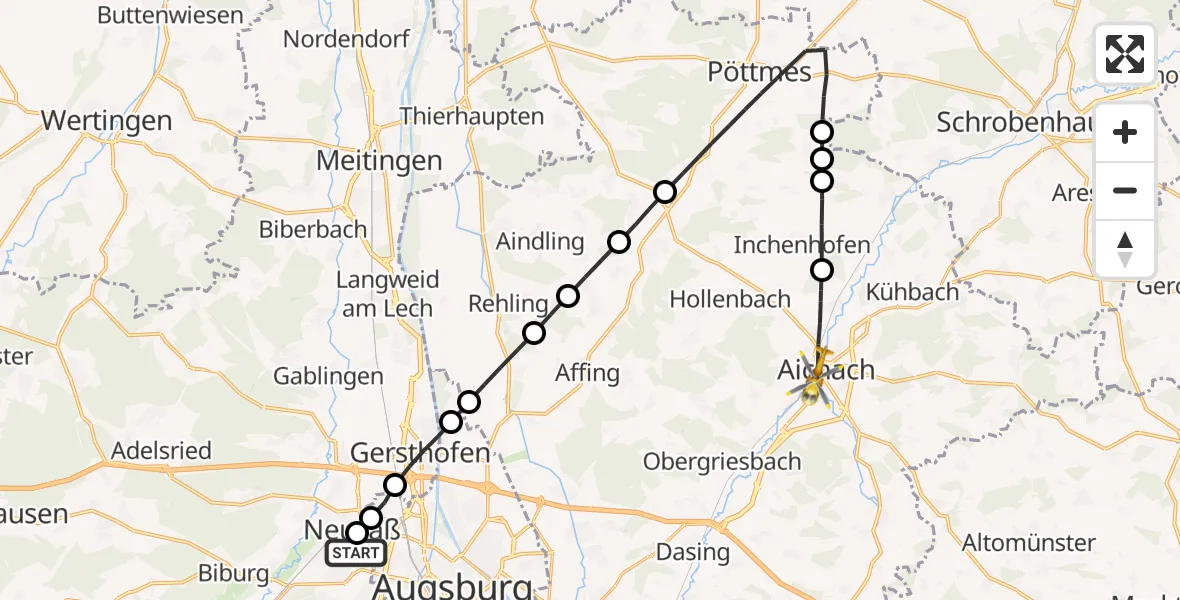 Flugroute Rettungshubschrauber Augsburg University Hospital - Aichach, 17 August 2026, 14:27