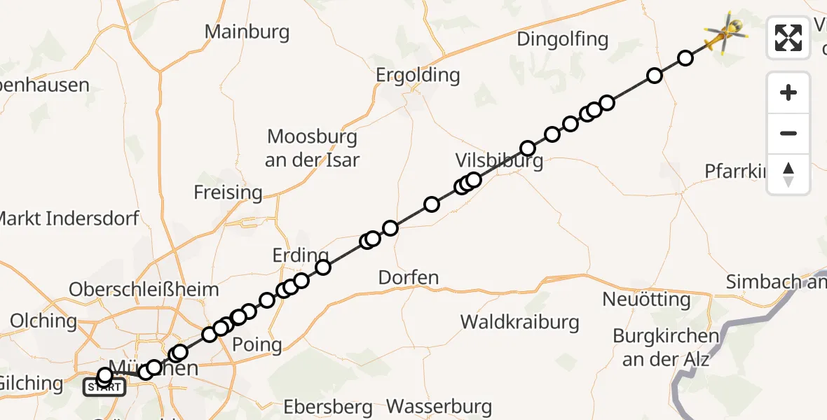 Flugroute Rettungshubschrauber DRF Air Rescue München Hubschrauberlandeplatz - Eichendorf, 17 August 2026, 14:34