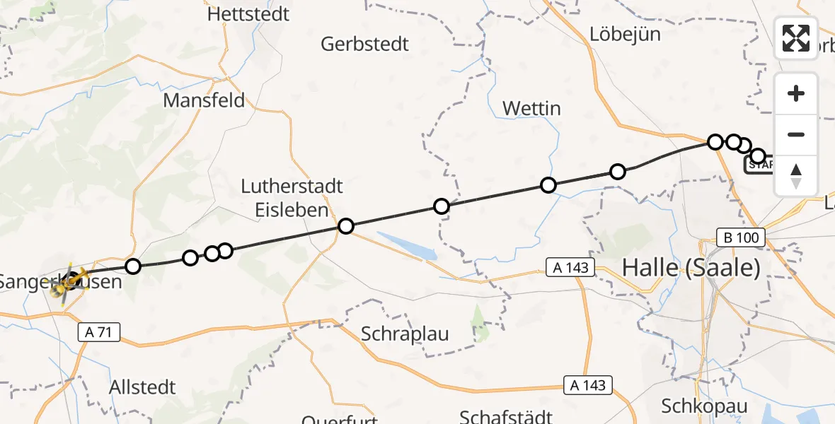 Flugroute Rettungshubschrauber Halle-Oppin Flugplatz - Helios Clinic Mansfeld-Südharz, 17 August 2026, 14:34