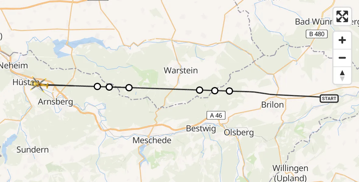 Flugroute Rettungshubschrauber Brilon - Arnsberg, 17 August 2026, 14:36