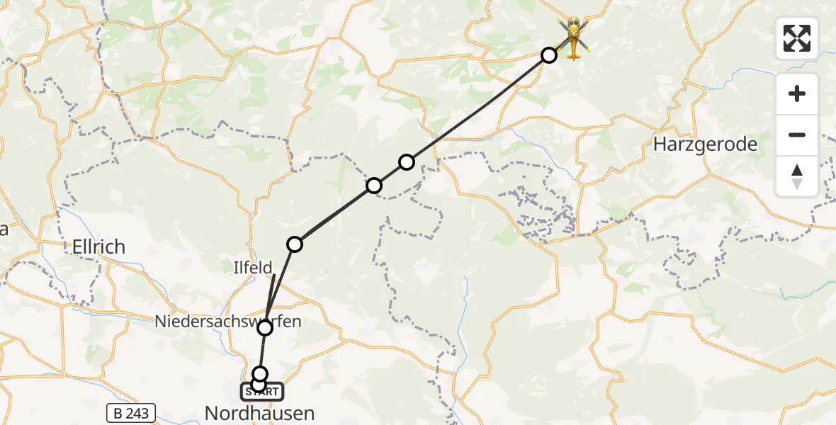 Flugroute Rettungshubschrauber Südharz Hospital Nordhausen - Thale, 17 August 2026, 14:38