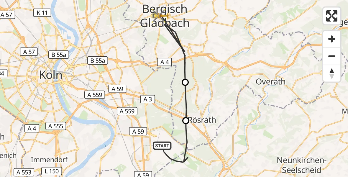 Flugroute Rettungshubschrauber Köln Bonn Flughafen - Bergisch Gladbach, 17 August 2026, 14:41