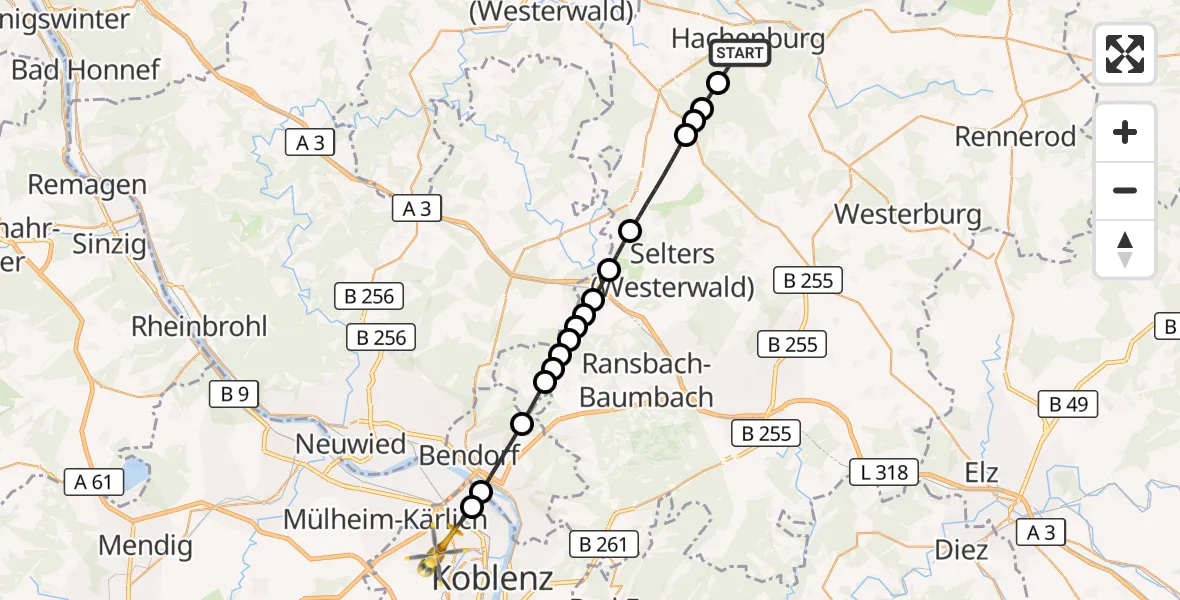Flugroute Rettungshubschrauber Hachenburg - Koblenz, 17 August 2026, 14:44