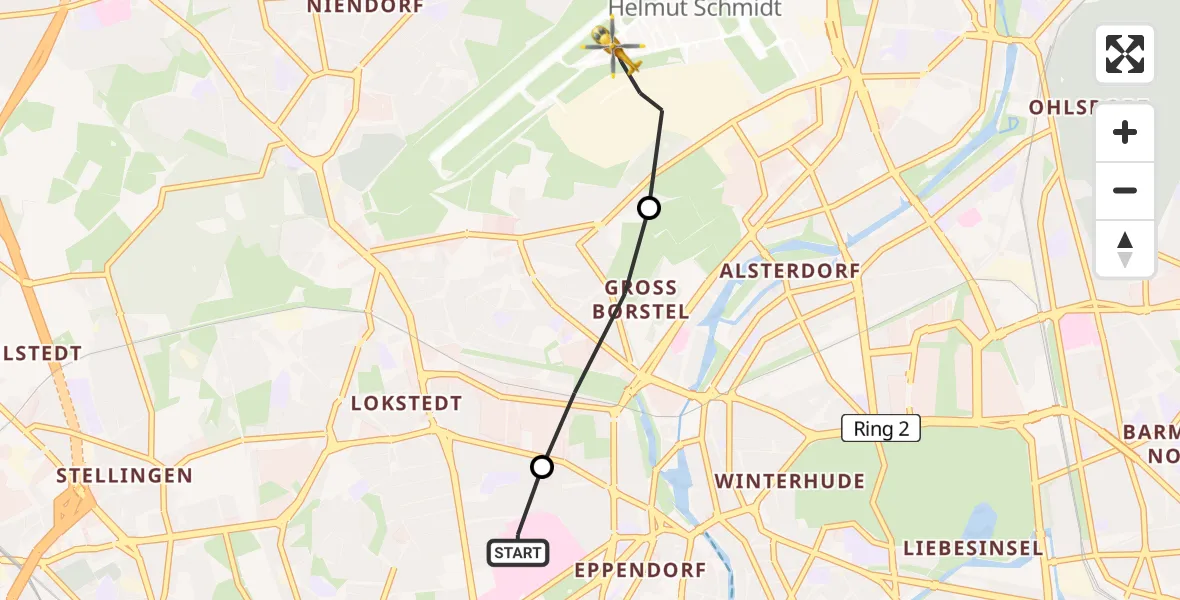 Flugroute Rettungshubschrauber Universitätsklinikum Hamburg-Eppendorf Hubschrauberlandeplatz - Hamburg Helmut Schmidt Flughafen, 17 August 2026, 14:54