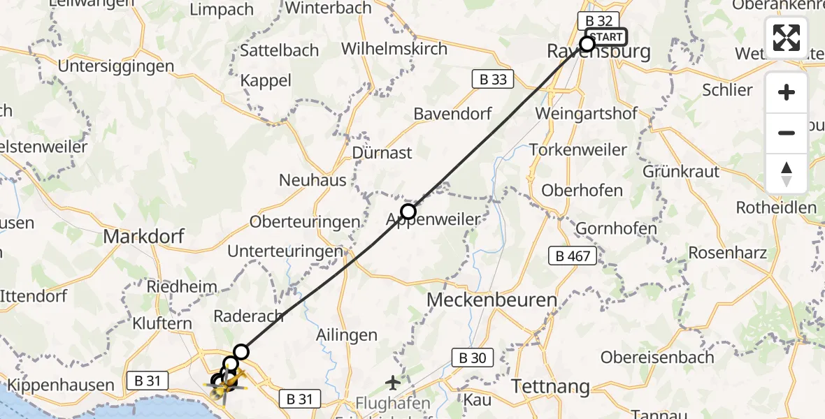 Flugroute Rettungshubschrauber Sankt Elisabeth Hospital - Friedrichshafen Hospital Hubschrauberlandeplatz, 17 August 2026, 14:59