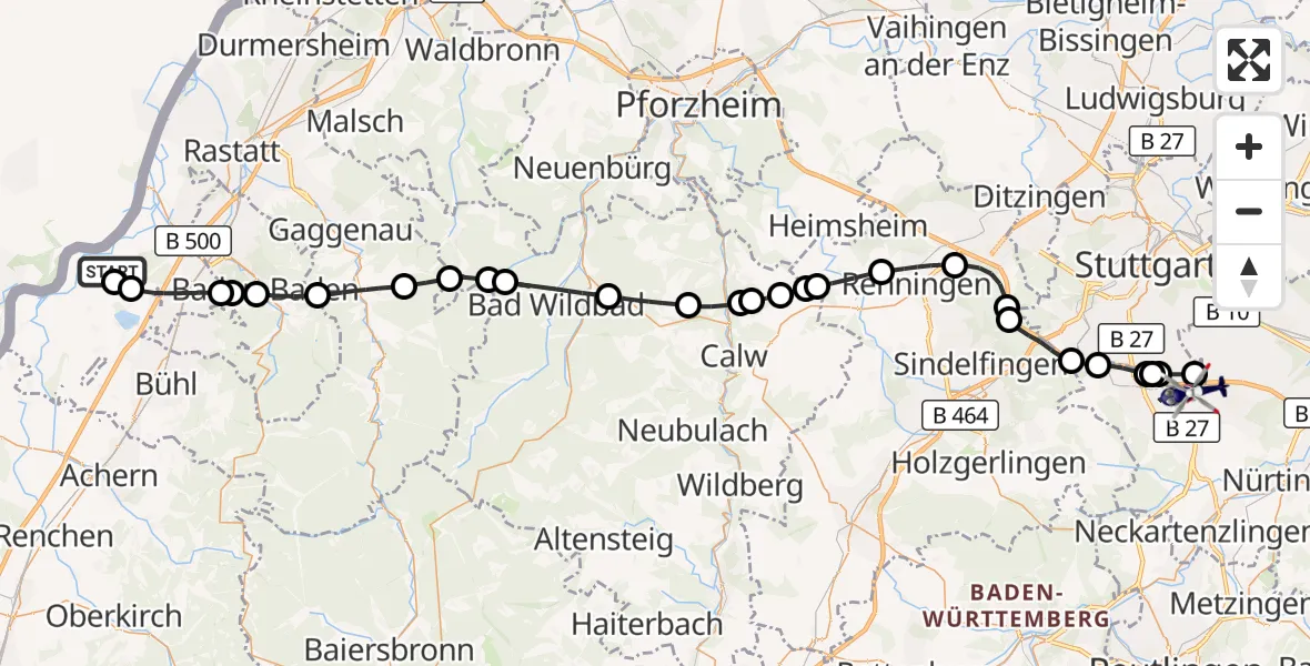 Flugroute Polizeihubschrauber Karlsruhe Baden-Baden Flughafen - Flughafen Stuttgart, 17 August 2026, 15:00