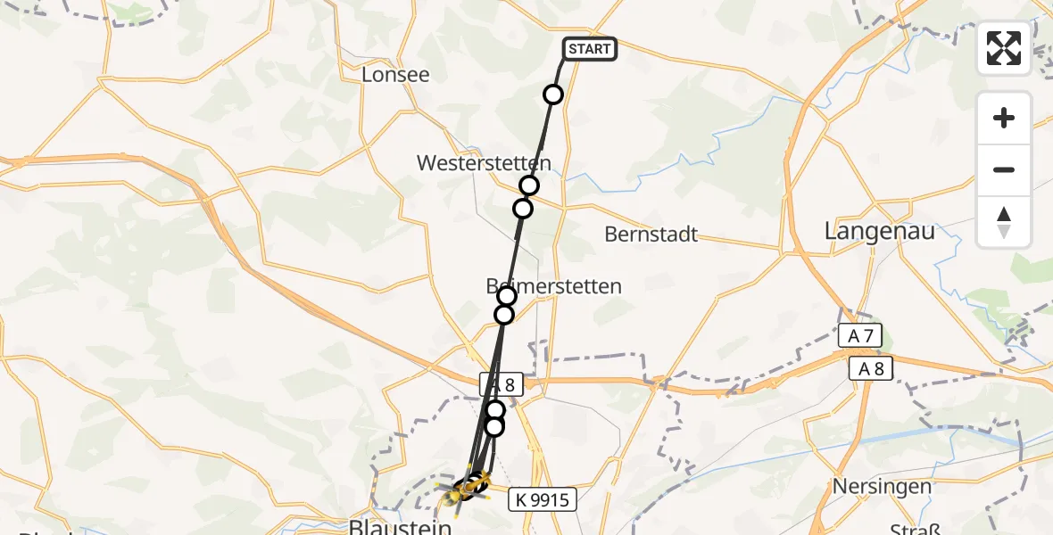 Flugroute Rettungshubschrauber Weidenstetten - ADAC Air Rescue Station Ulm (Christoph 22), 17 August 2026, 15:07