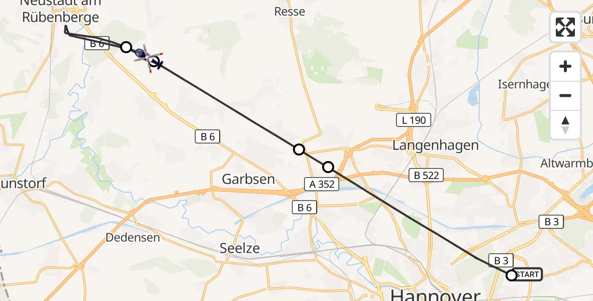 Flugroute Polizeihubschrauber Hannover Luftrettung Hubschrauberlandeplatz (Christoph 4) - Garbsen, 17 August 2026, 15:07