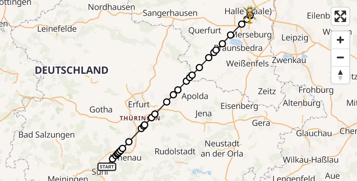 Flugroute Rettungshubschrauber Suhl - BG Hospital Bergmannstrost Halle, 17 August 2026, 15:08