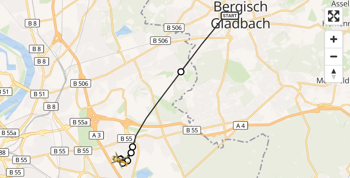 Flugroute Rettungshubschrauber Bergisch Gladbach - Merheim Krankenhaus Hubschrauberlandeplatz, 17 August 2026, 15:09