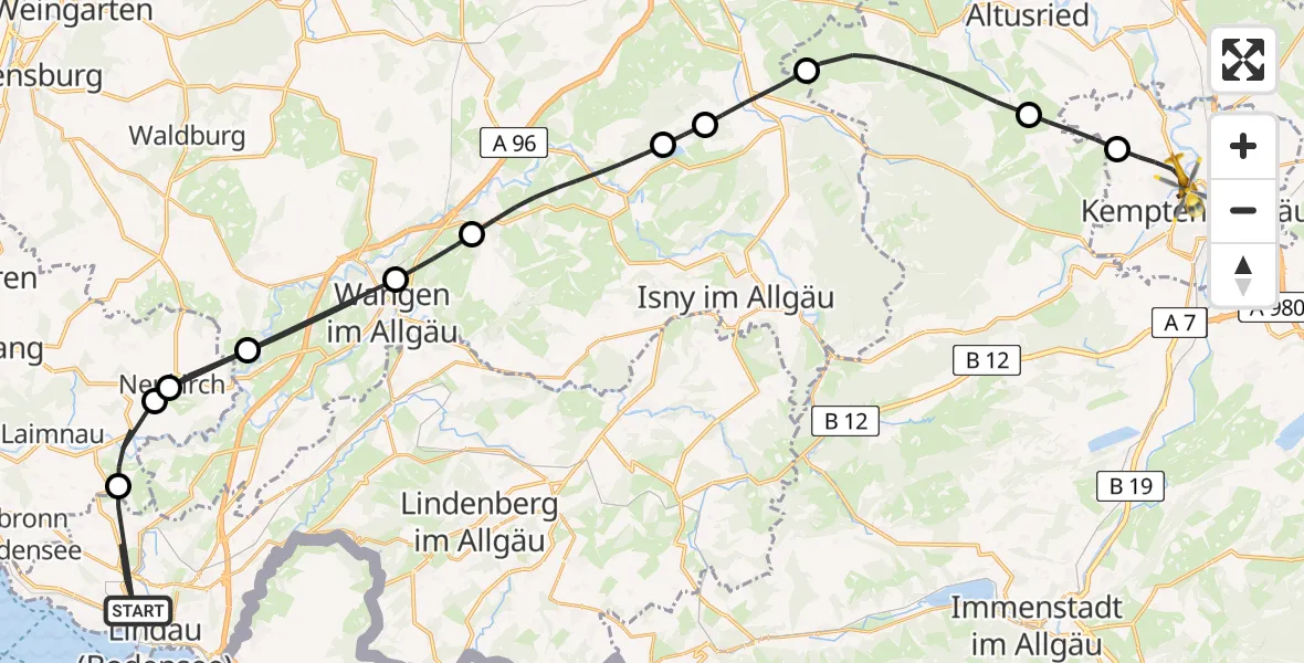 Flugroute Rettungshubschrauber Lindau (Bodensee) - Kempten (Allgäu), 17 August 2026, 15:09
