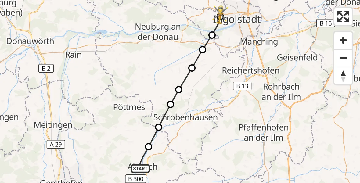 Flugroute Rettungshubschrauber Aichach - Ingolstadt Hospital, 17 August 2026, 15:13