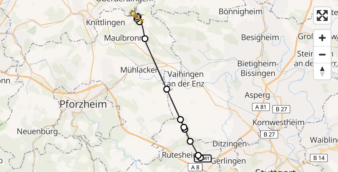 Flugroute Rettungshubschrauber Leonberg Hospital - Knittlingen, 17 August 2026, 15:14
