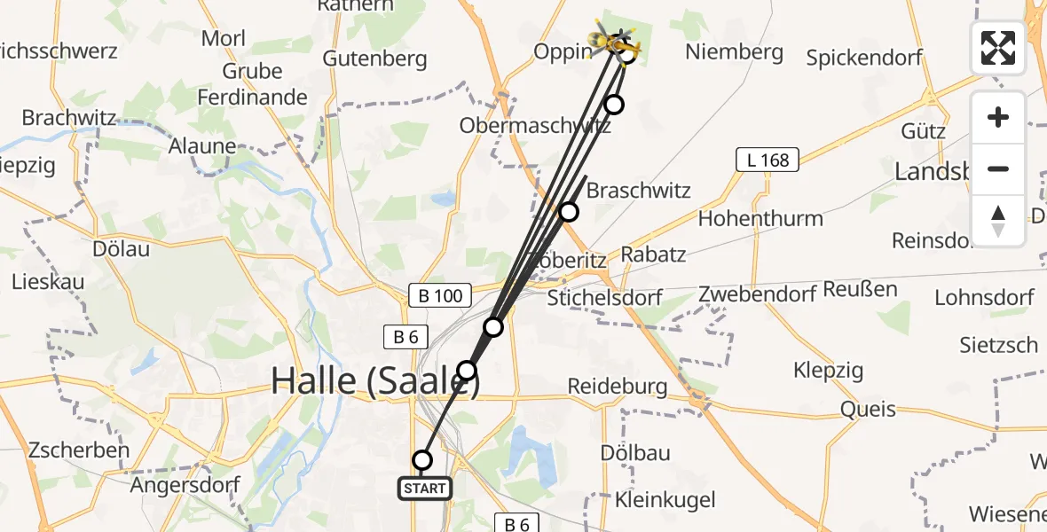 Flugroute Rettungshubschrauber BG Hospital Bergmannstrost Halle - Halle-Oppin Flugplatz, 17 August 2026, 15:18