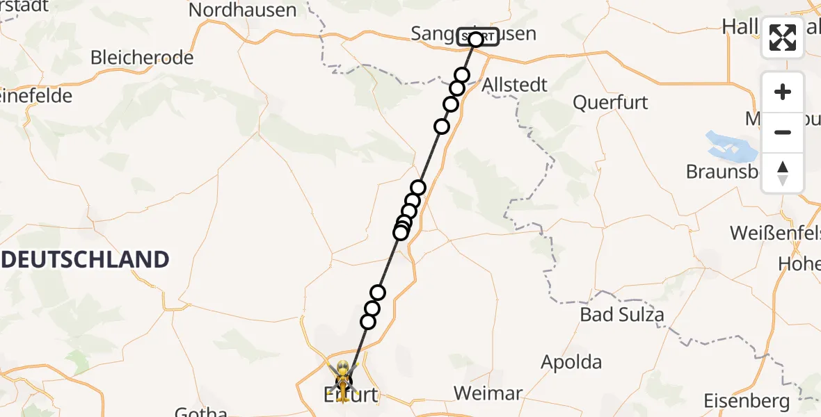 Flugroute Rettungshubschrauber Helios Clinic Mansfeld-Südharz - Helios Clinic Erfurt, 17 August 2026, 15:24