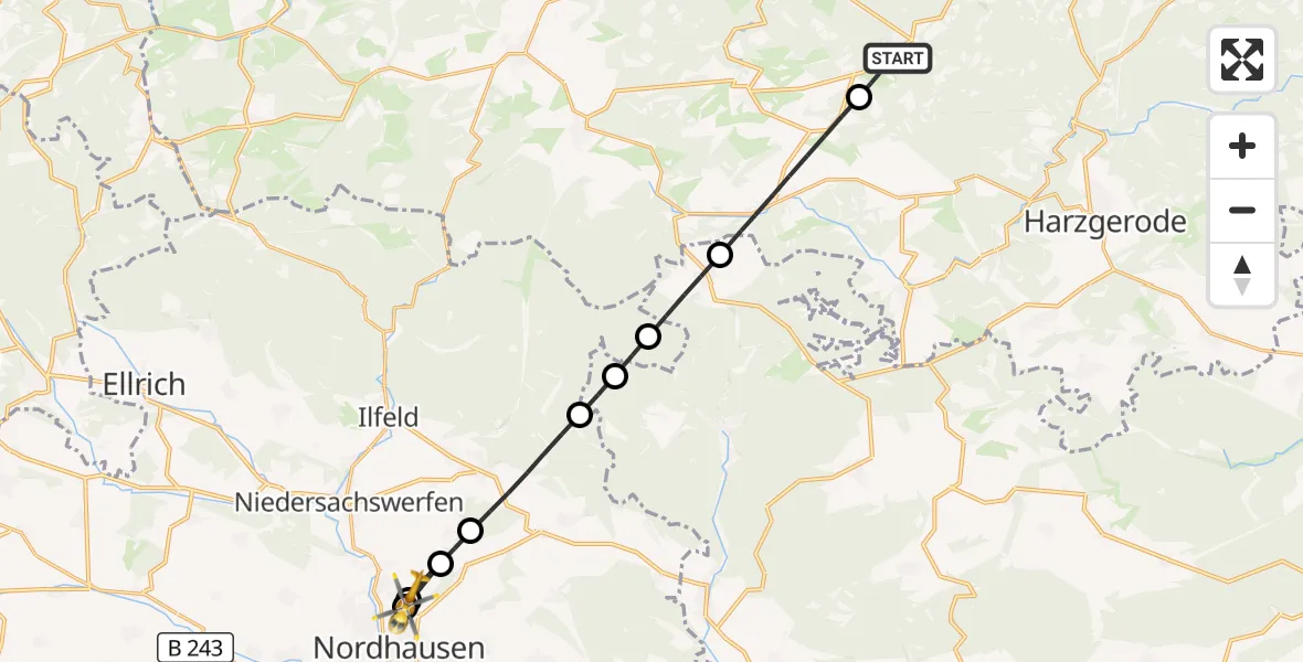 Flugroute Rettungshubschrauber Thale - Südharz Hospital Nordhausen Hubschrauberlandeplatz, 17 August 2026, 15:25