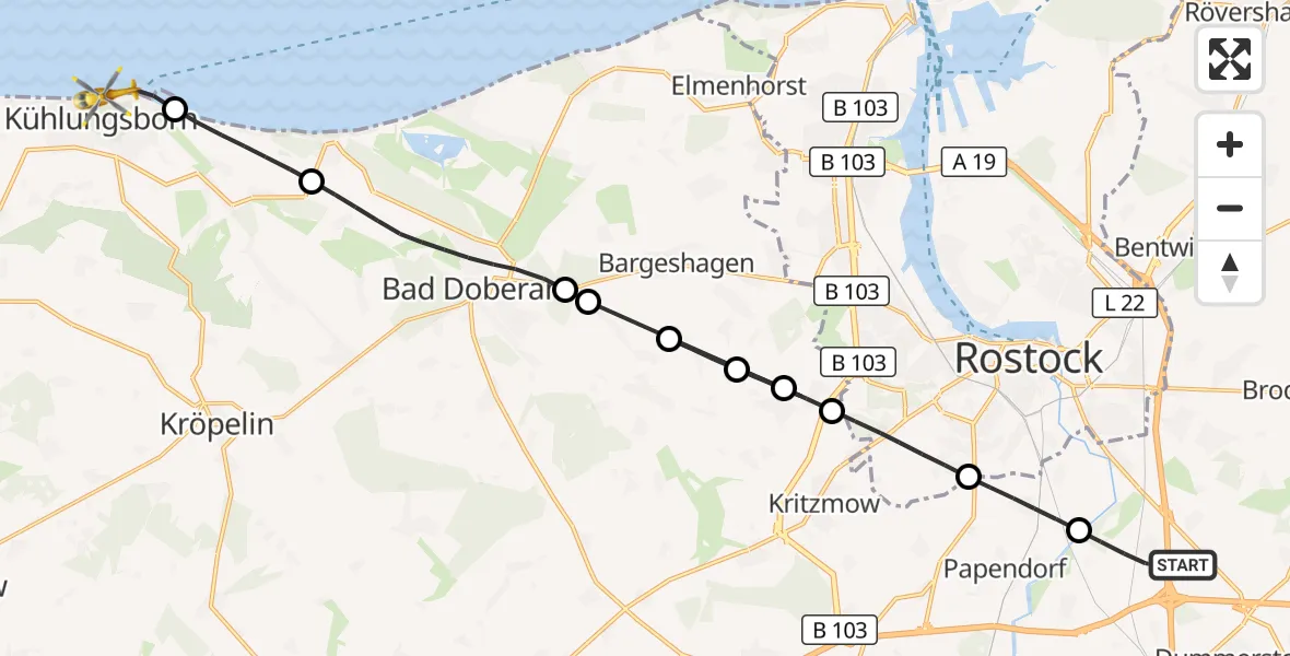 Flugroute Ambulanzhubschrauber Dummerstorf - Kühlungsborn, 17 August 2026, 15:27