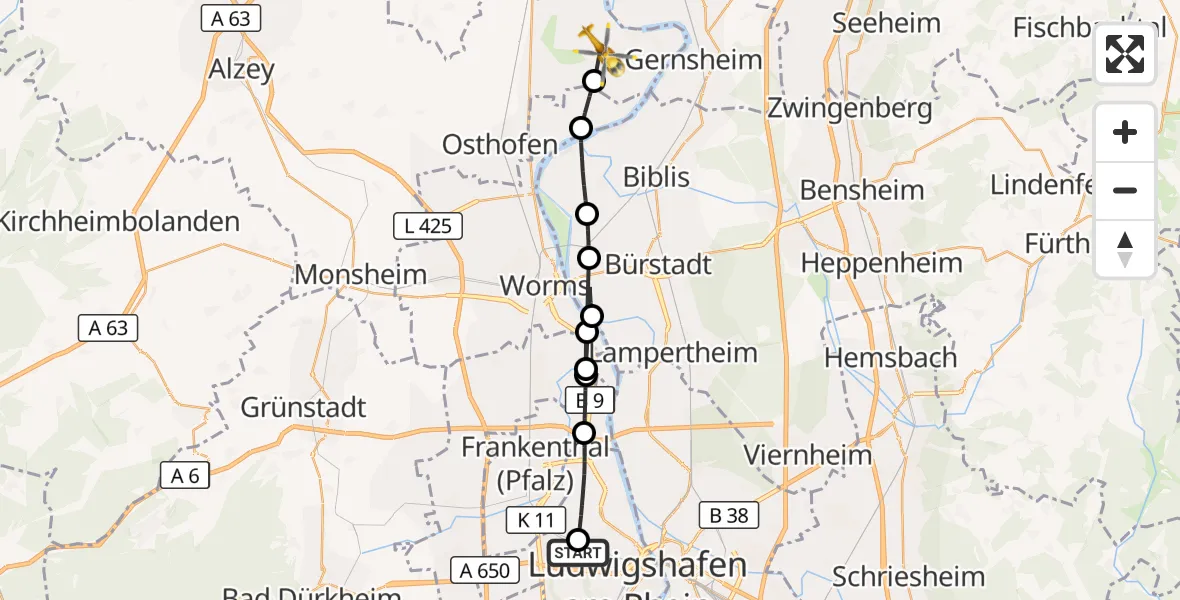 Flugroute Rettungshubschrauber Ludwigshafen Accident Hospital - Eich, 17 August 2026, 15:31