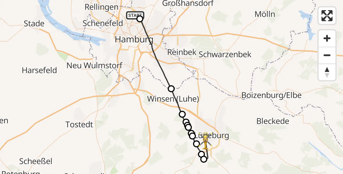 Flugroute Rettungshubschrauber Hamburg Helmut Schmidt Flughafen - Lüneburg, 17 August 2026, 15:33