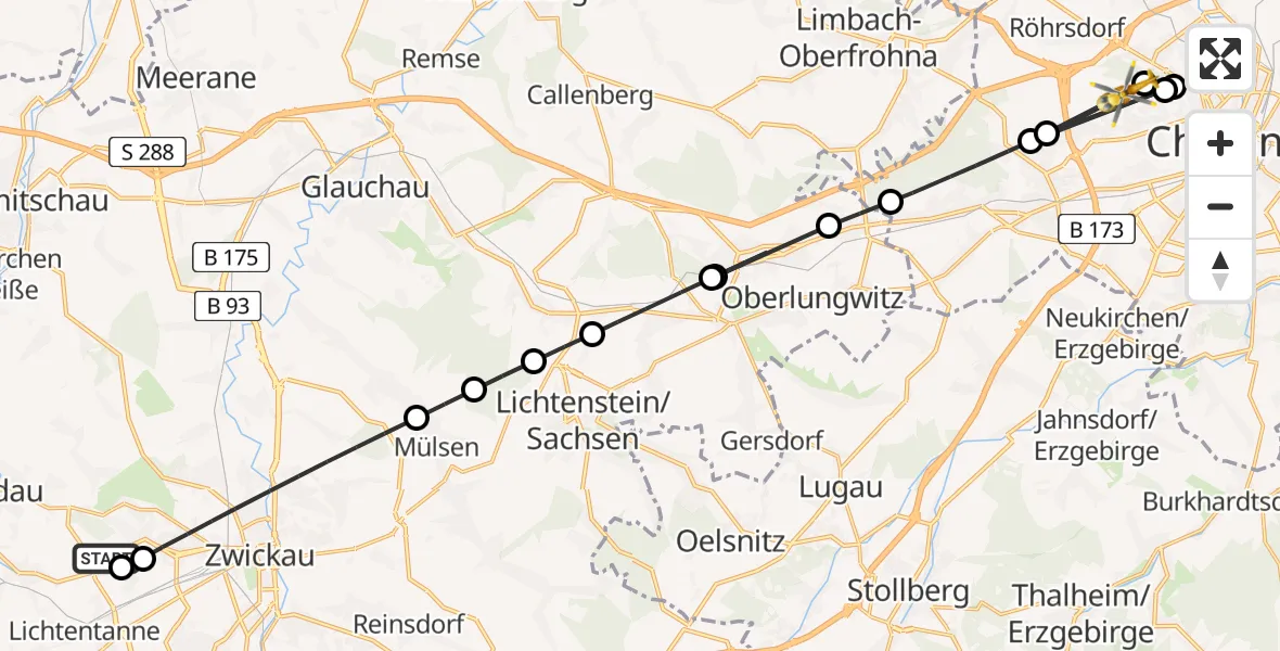 Flugroute Rettungshubschrauber ADAC Air Rescue Station Zwickau Hubschrauberlandeplatz - Chemnitz, 17 August 2026, 15:45