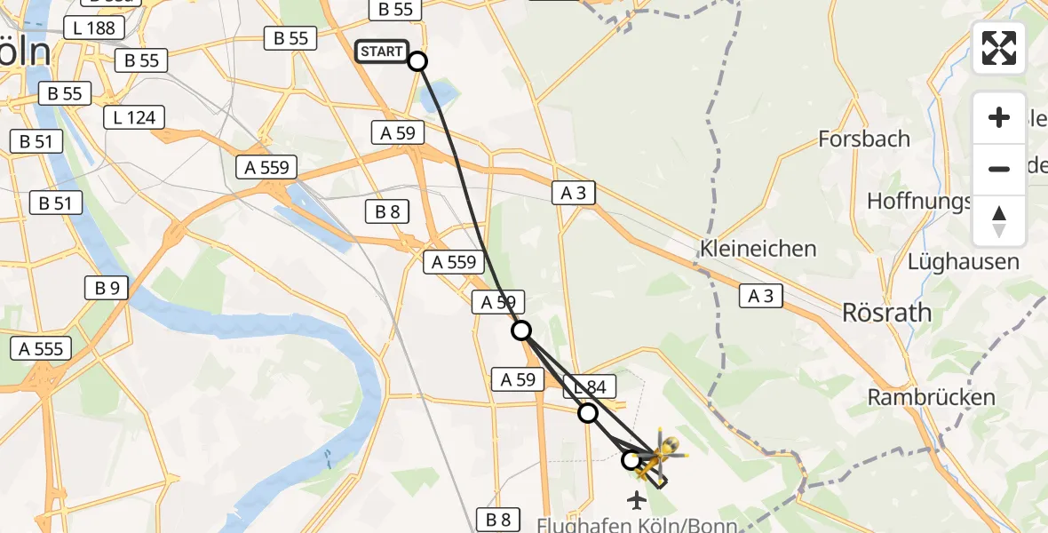 Flugroute Rettungshubschrauber Merheim Hospital - Köln Bonn Flughafen, 17 August 2026, 15:53