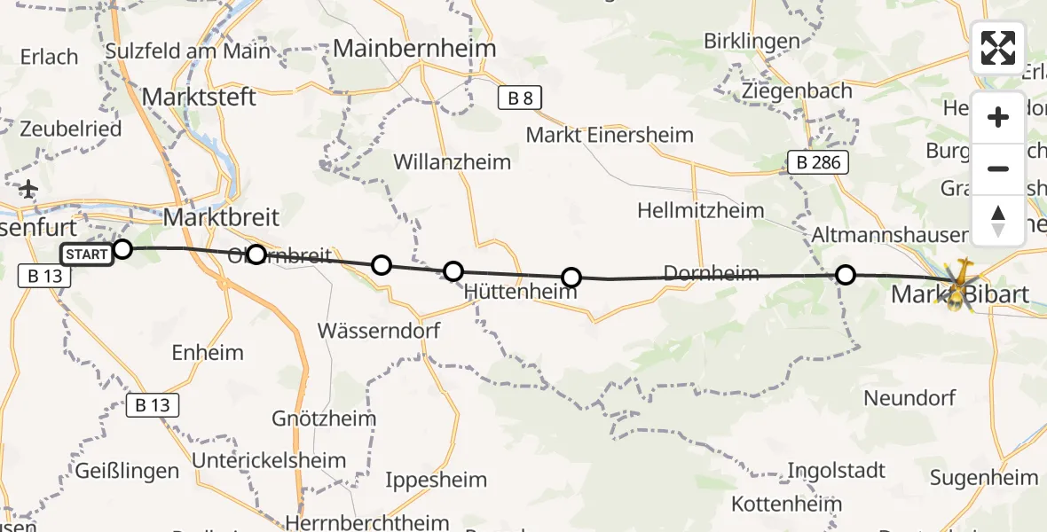 Flugroute Rettungshubschrauber Ochsenfurt Hospital - Markt Bibart, 17 August 2026, 15:55