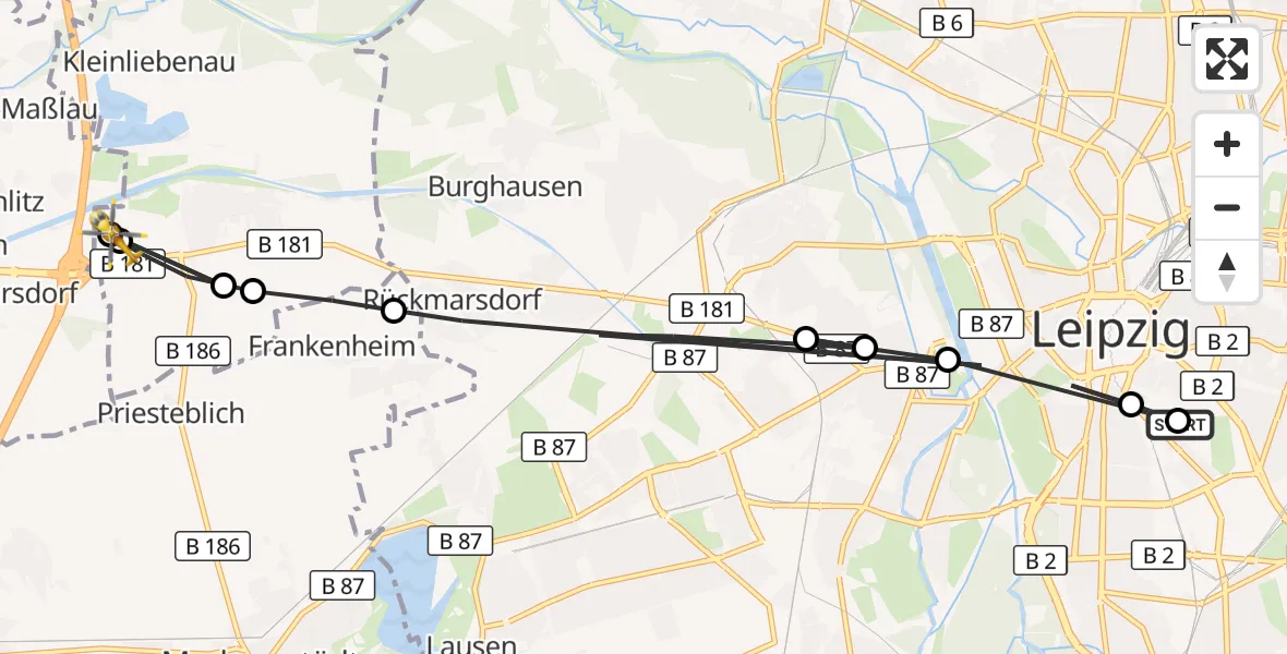 Flugroute Rettungshubschrauber Leipzig University Hospital Heliport 1 - ADAC Air Rescue Station Leipzig/Schkeuditz-Dölzig Hubschrauberlandeplatz (Christoph 61), 17 August 2026, 15:59