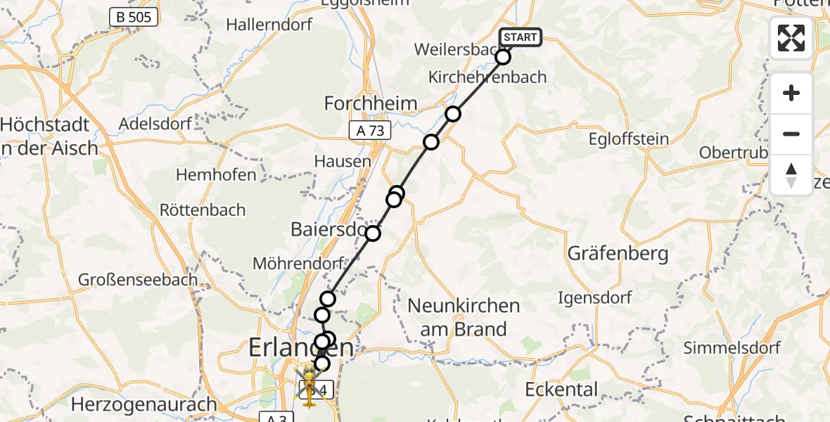 Flugroute Rettungshubschrauber Pretzfeld - Erlangen, 17 August 2026, 16:00