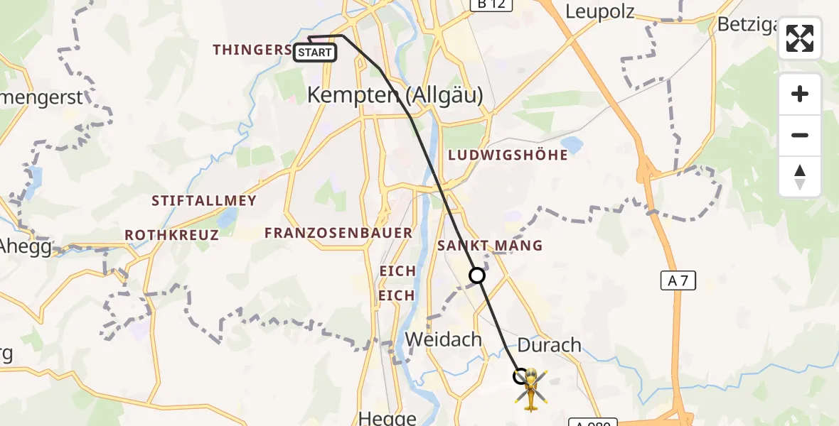 Flugroute Rettungshubschrauber Kempten (Allgäu) - Kempten-Durach Flugplatz, 17 August 2026, 16:00