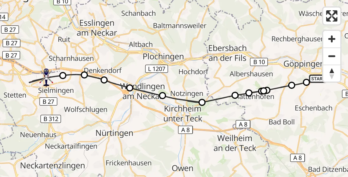 Flugroute Polizeihubschrauber Göppingen - Flughafen Stuttgart, 17 August 2026, 16:05