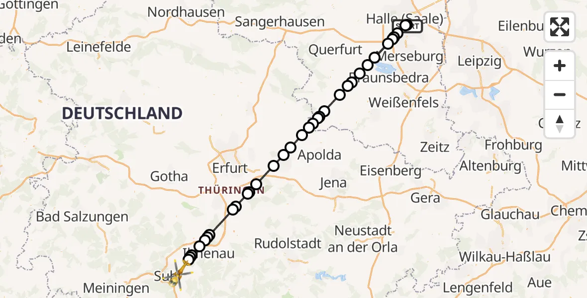 Flugroute Rettungshubschrauber BG Hospital Bergmannstrost Halle - Suhl, 17 August 2026, 16:05